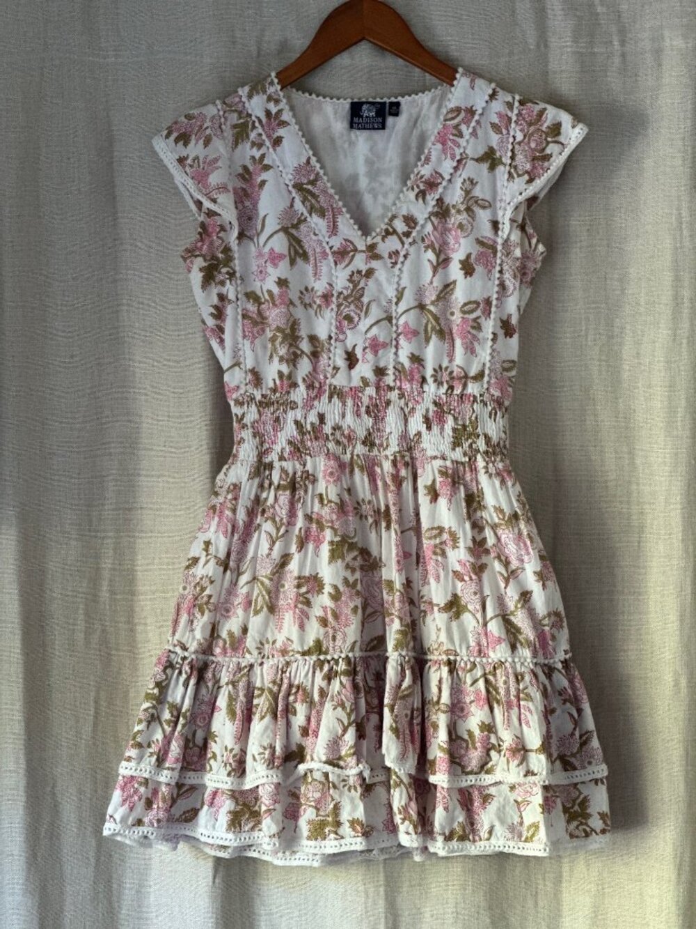 Rails White Floral Smocked Mini Dress in Pink & Olive
